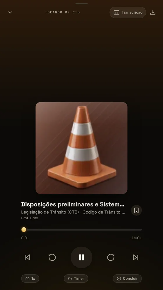 Player do app tocando uma aula de Legislação de Trânsito, com controles de velocidade, timer e botão de transcrição