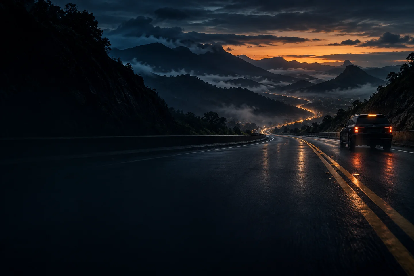 Estrada entre montanhas ao anoitecer