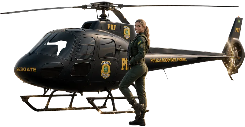 Agente da PRF ao lado de um helicóptero
