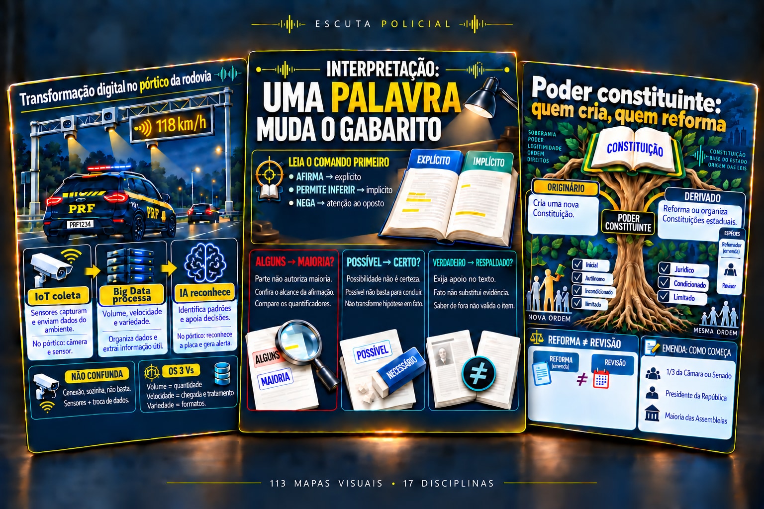 Prévia de três bizus visuais: tecnologia na rodovia, interpretação de texto e poder constituinte.