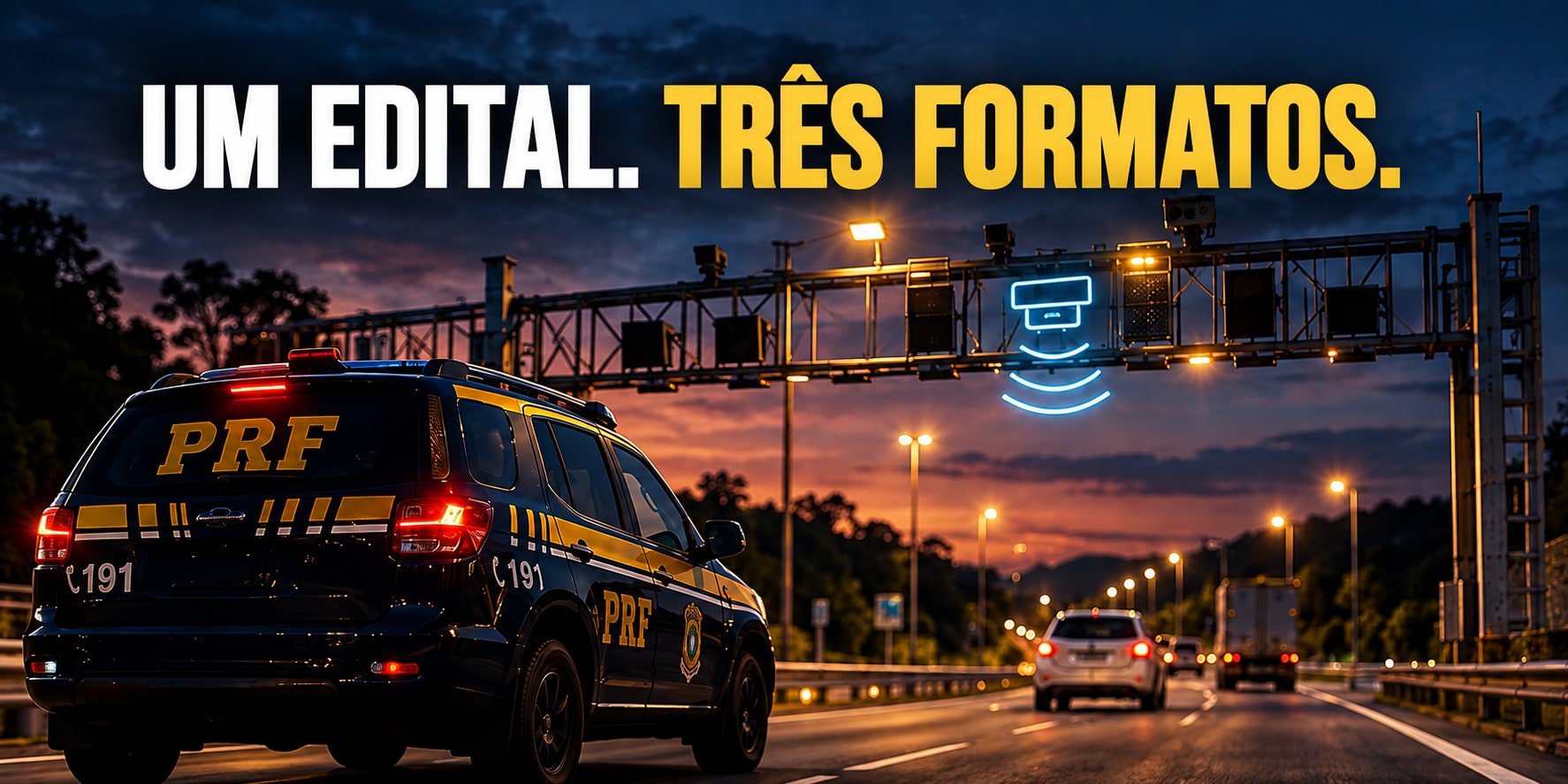 Um edital, três formatos: viatura da PRF passa sob um pórtico com sensor em uma rodovia ao anoitecer.