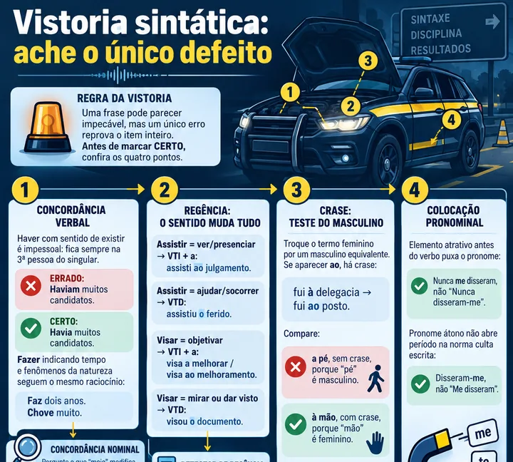 Resumo visual de Concordância, Regência, Crase e Colocação Pronominal para o concurso da PRF