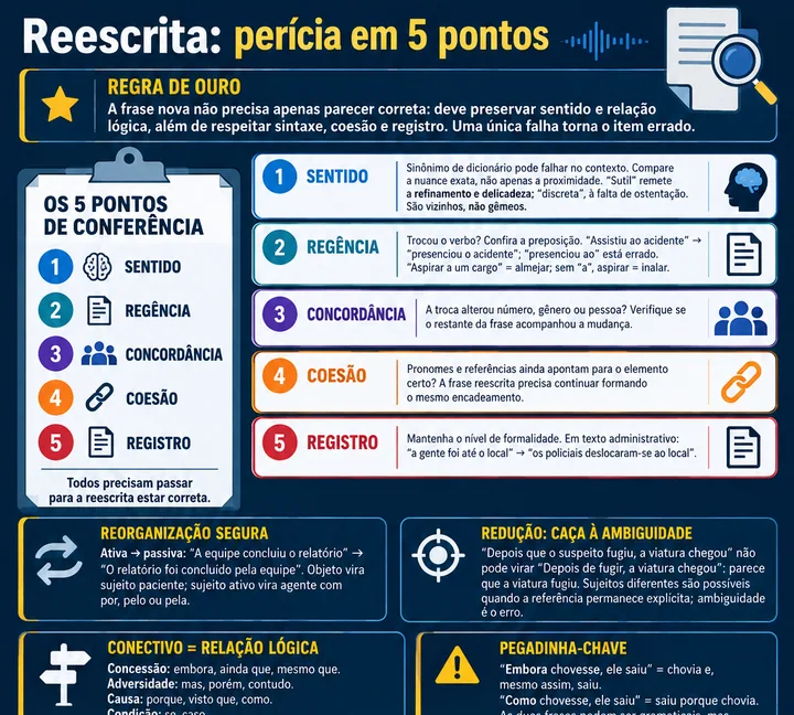 Resumo visual de Reescrita de Frases e Parágrafos do Texto para o concurso da PRF