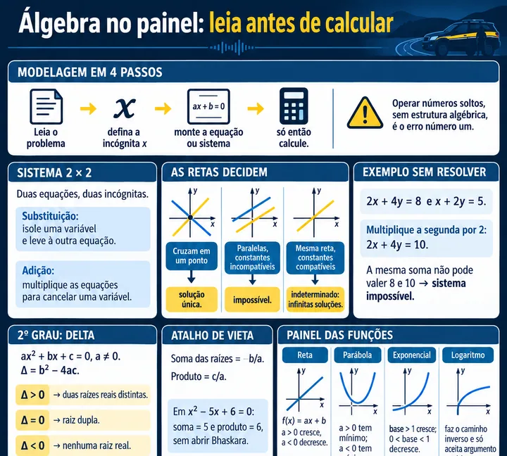 Resumo visual de Equações do 1º e 2º Graus, Sistemas Lineares e Funções para o concurso da PRF