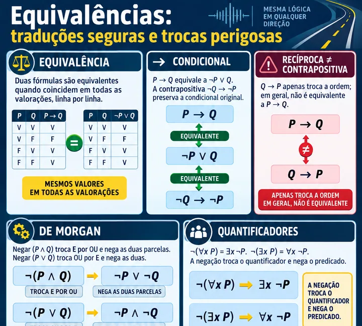 Resumo visual de Lógica Sentencial II · Equivalências, De Morgan · 1ª Ordem para o concurso da PRF