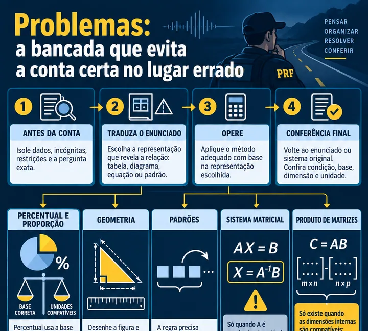 Resumo visual de Problemas Aritméticos, Geométricos e Matriciais para o concurso da PRF