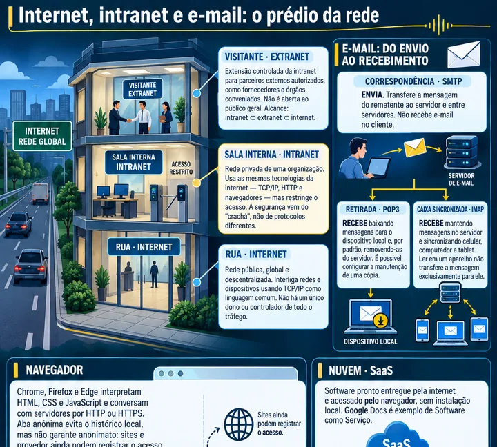 Resumo visual de Internet e Intranet · Navegação, Correio Eletrônico, Busca para o concurso da PRF
