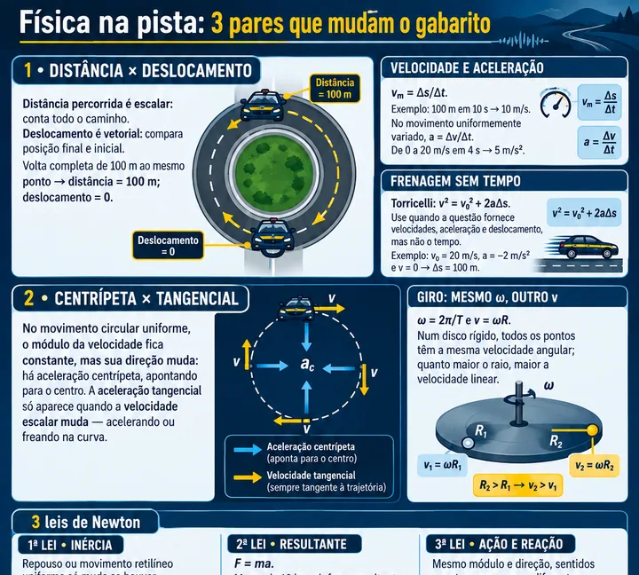 Resumo visual de Cinemática Escalar e Vetorial · Movimento Circular · Leis de Newton para o concurso da PRF