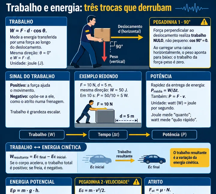 Resumo visual de Trabalho · Potência · Energia Cinética, Potencial, Atrito para o concurso da PRF