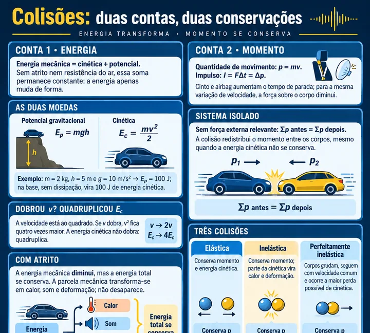 Resumo visual de Conservação de Energia · Quantidade de Movimento · Colisões para o concurso da PRF