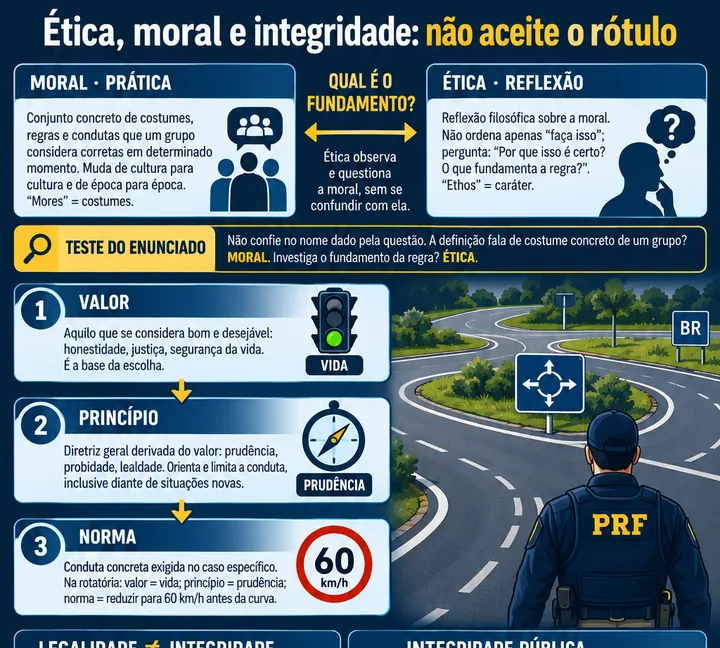 Resumo visual de Ética e Moral · Princípios e Valores · Ética e Função Pública para o concurso da PRF
