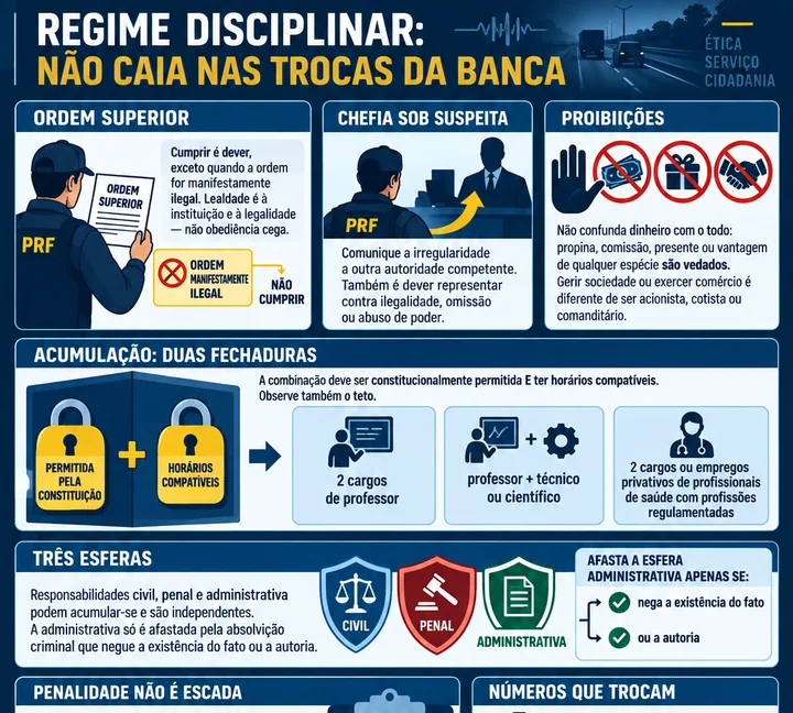 Resumo visual de Regime Disciplinar (Deveres, Proibições, Penalidades) para o concurso da PRF