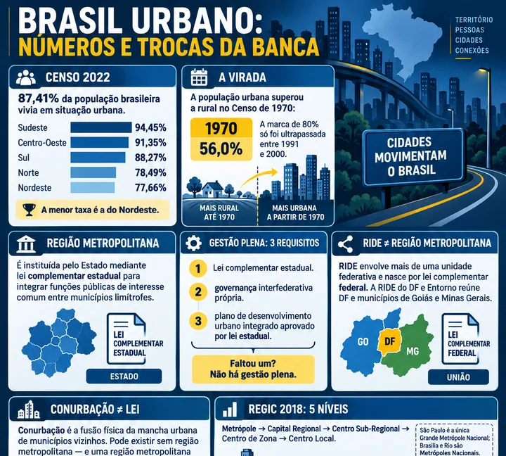 Resumo visual de Estrutura Urbana, Metrópoles · População e Migrações para o concurso da PRF