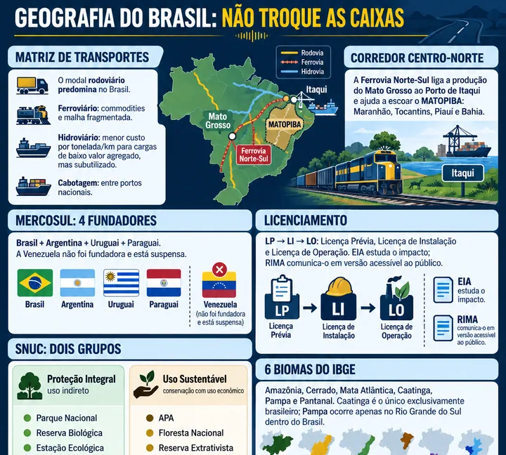 Resumo visual de Rede de Transporte · Internacionalização · Biomas para o concurso da PRF