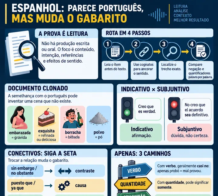 Resumo visual de Espanhol · Falsos Cognatos, Conectivos e Subjuntivo para o concurso da PRF