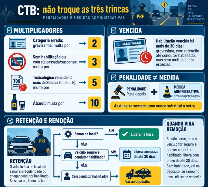 Resumo visual de Penalidades e Medidas Administrativas para o concurso da PRF