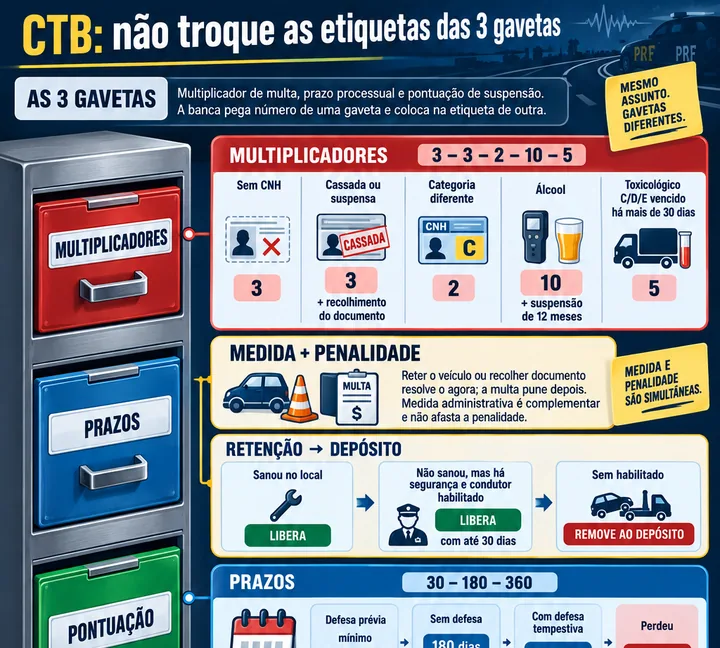 Resumo visual de Revisão de Prova: Multiplicadores, Medidas, Prazos e Pontuação para o concurso da PRF