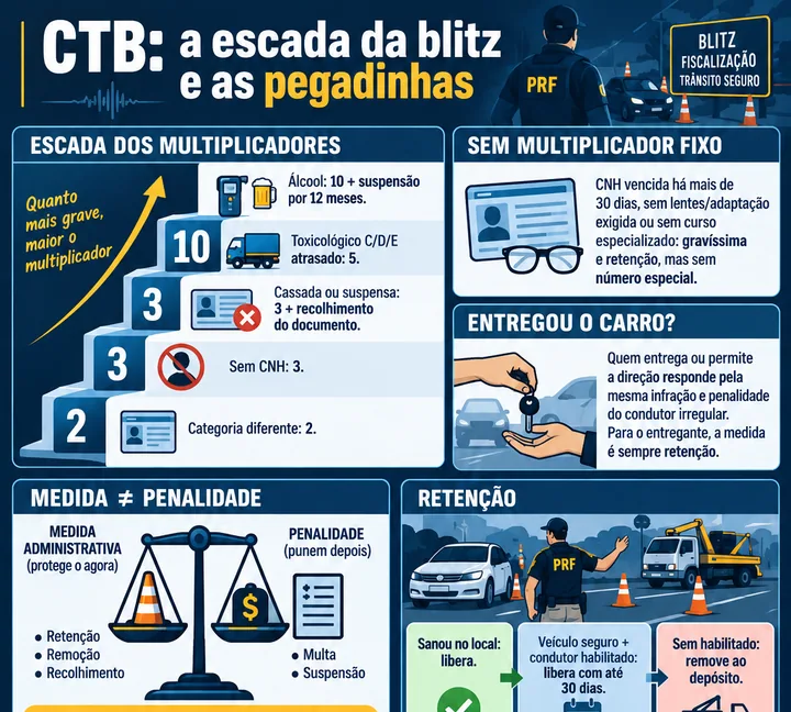 Resumo visual de Revisão de Blitz: Infrações, Medidas, Pontos e Prazos para o concurso da PRF