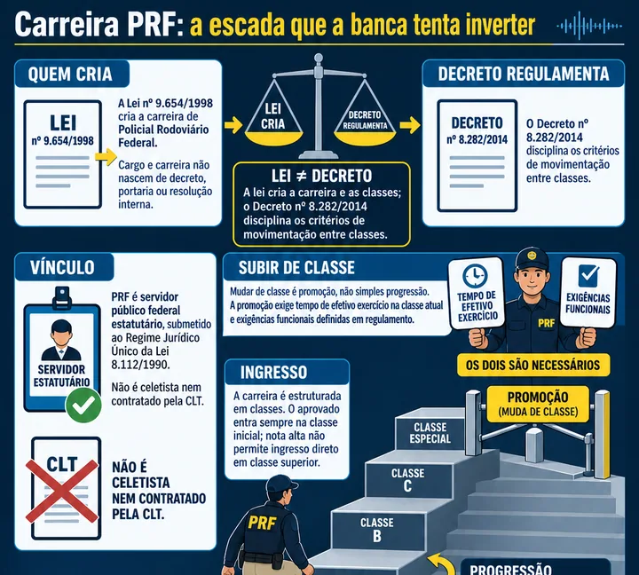 Resumo visual de Carreira de PRF · Lei 9.654/1998 e Decreto 8.282/2014 para o concurso da PRF