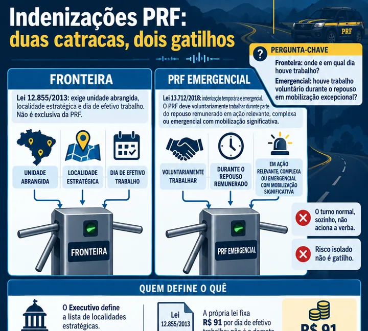 Resumo visual de Carreira de PRF · Indenizações (Leis 12.855/2013 e 13.712/2018) para o concurso da PRF