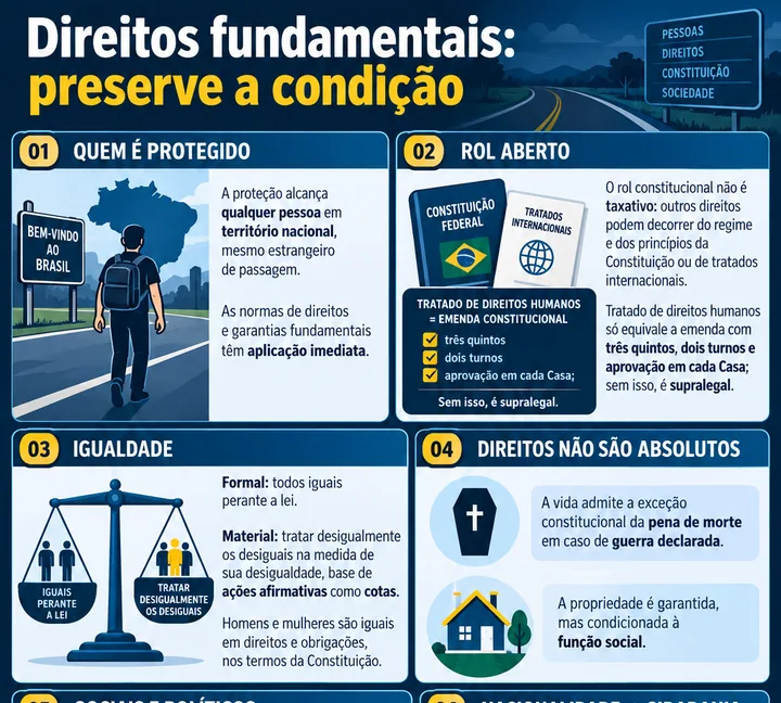 Resumo visual de Direitos e Deveres Fundamentais para o concurso da PRF