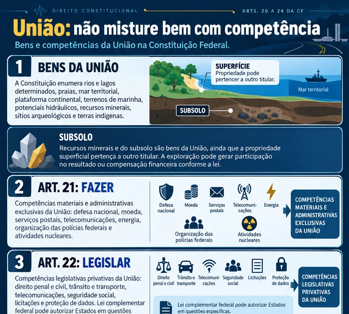 Resumo visual de Da União · Bens e Competências (Arts. 20 a 24 da CF) para o concurso da PRF