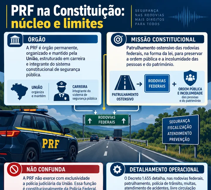 Resumo visual de Atribuições Constitucionais da Polícia Rodoviária Federal para o concurso da PRF