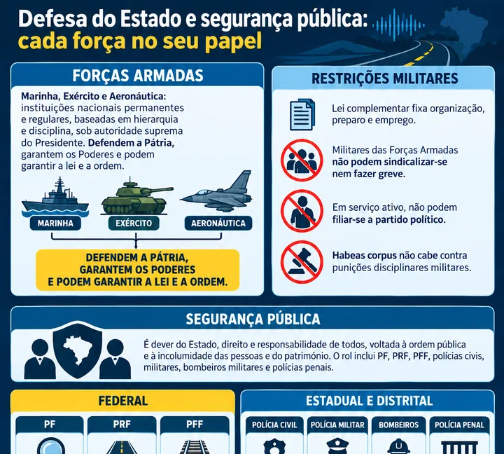 Resumo visual de Defesa do Estado e Segurança Pública (Arts. 142 e 144 da CF) para o concurso da PRF