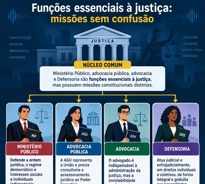 Resumo visual de Funções Essenciais à Justiça · MP, Advocacia e Defensorias para o concurso da PRF