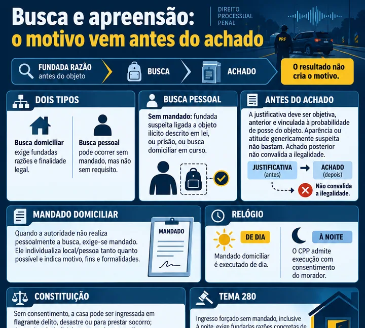 Resumo visual de Busca e Apreensão · Pessoal, Domiciliar, Requisitos e Horários para o concurso da PRF