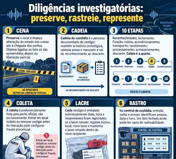 Resumo visual de Diligências Investigatórias (Arts. 6º e 13 do CPP) para o concurso da PRF