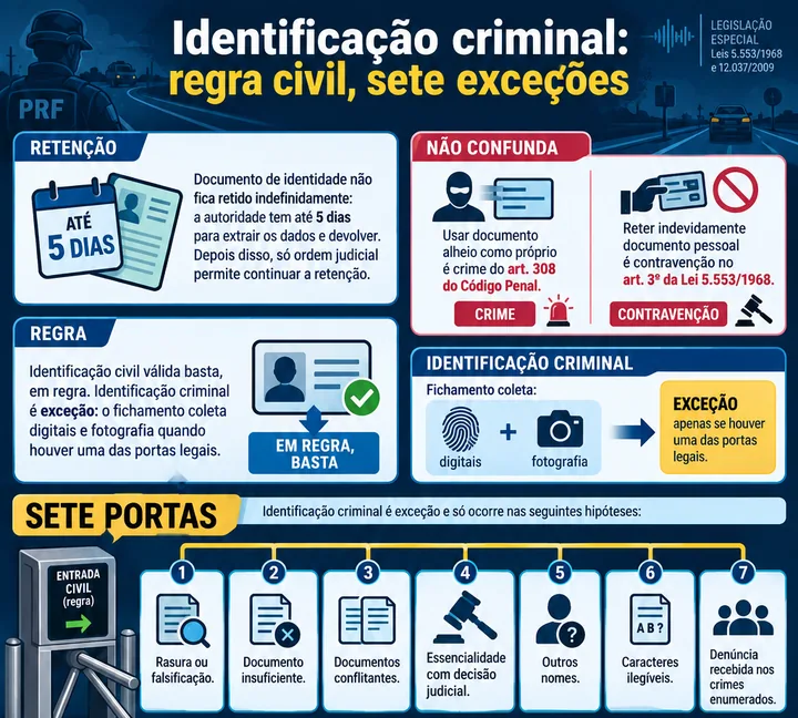 Resumo visual de Documentos e Identificação · Leis 5.553/1968 e 12.037/2009 para o concurso da PRF