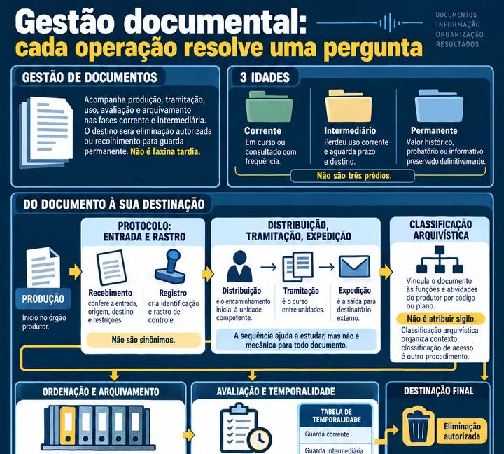 Resumo visual de Gestão de Documentos · Protocolo, Classificação e Temporalidade para o concurso da PRF