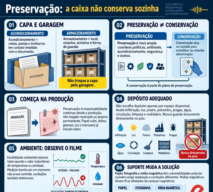 Resumo visual de Acondicionamento, Armazenamento, Preservação e Conservação para o concurso da PRF