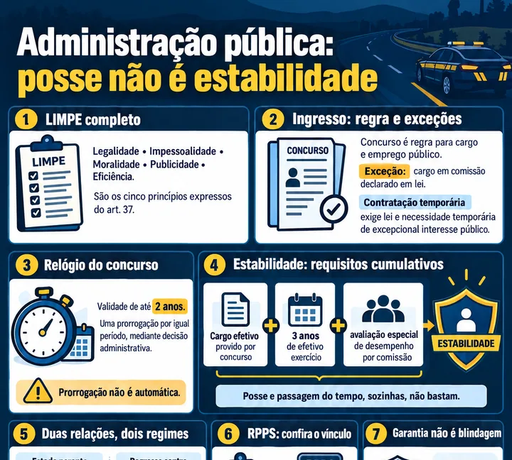 Infográfico sobre administração pública na Constituição, com os princípios LIMPE, concurso e cargo em comissão, posse, exercício e requisitos da estabilidade.
