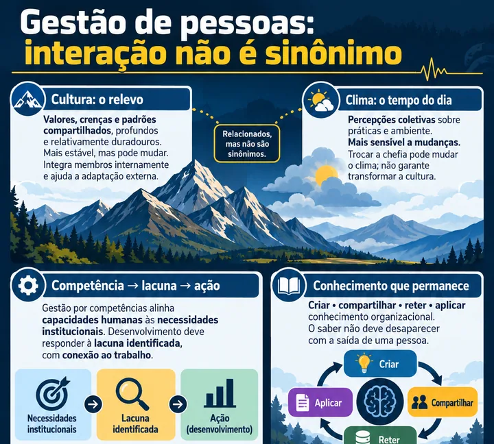 Infográfico sobre clima, cultura, competências, qualidade de vida no trabalho, liderança e motivação, com diferenças entre variáveis que interagem na gestão de pessoas.