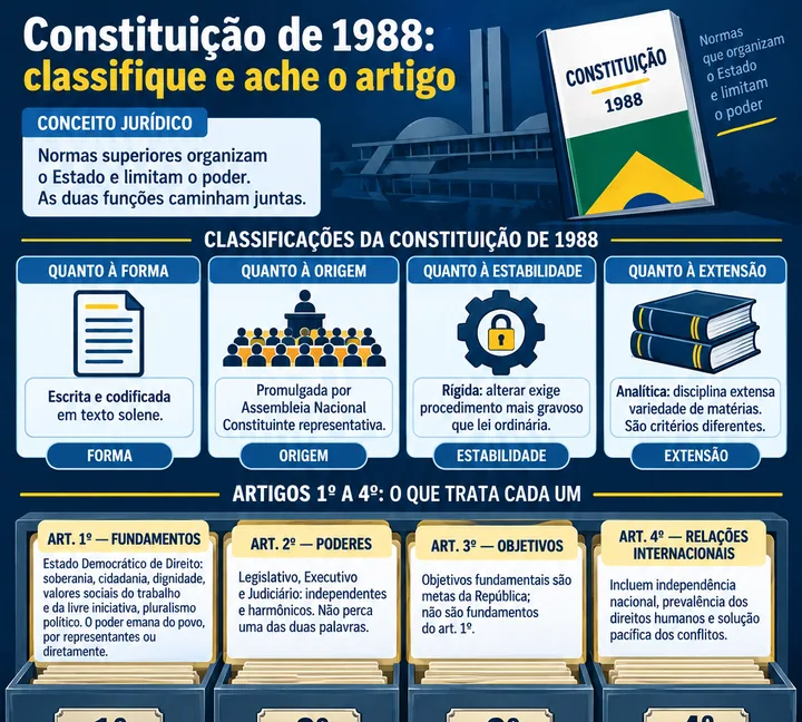 Infográfico sobre Constituição · Conceito, Classificações e Princípios Fundamentais, com foco em conceito jurídico, forma e origem, mudança e extensão.