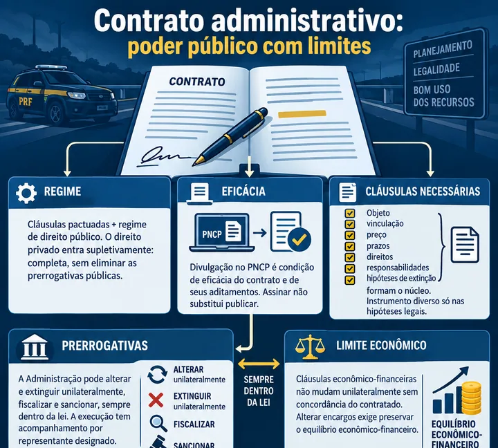 Infográfico sobre Contratos Administrativos · Lei 14.133/2021, com foco em regime, eficácia, cláusulas necessárias.