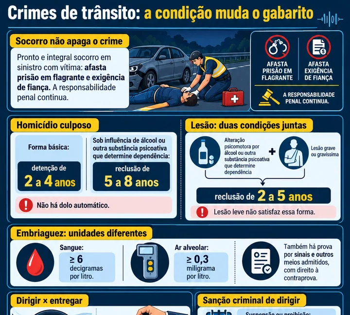 Infográfico sobre crimes de trânsito dos arts. 291 a 312-B do CTB, com condições da lesão culposa, socorro, embriaguez e diferenças entre dirigir e entregar o veículo.