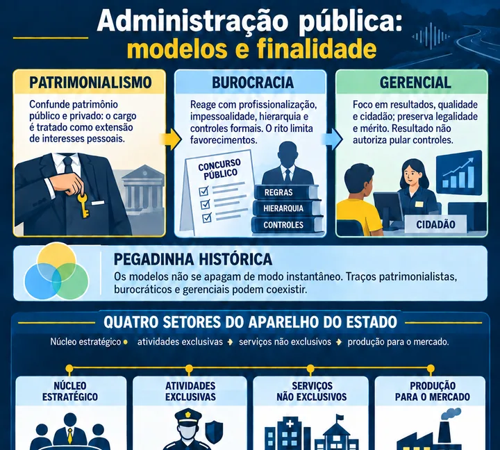 Infográfico sobre Evolução da Administração Pública e Reforma do Estado, com foco em patrimonialismo, burocracia, gerencial.