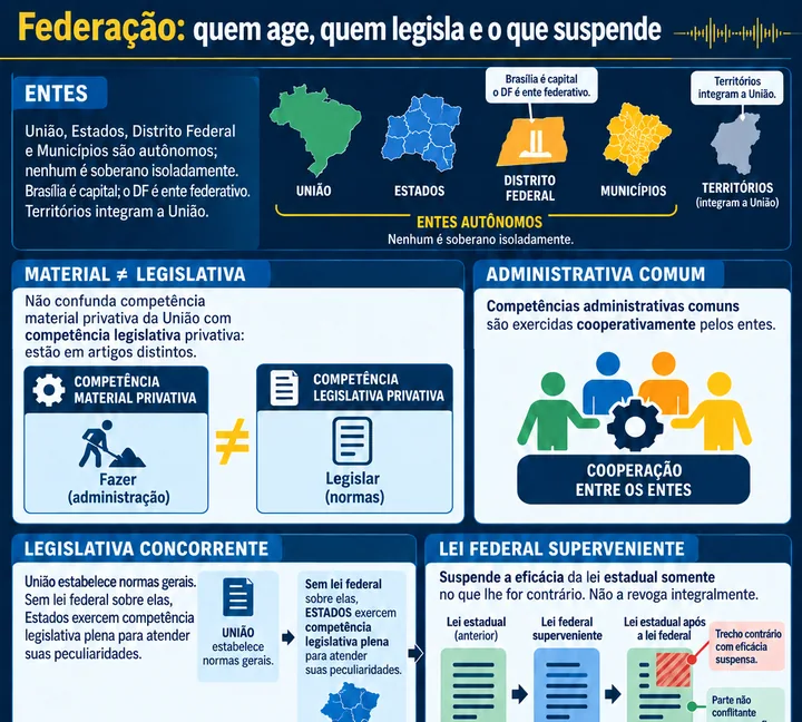 Infográfico sobre Organização Político-Administrativa · União, Estados, DF e Municípios, com foco em entes, material ≠ legislativa, administrativa comum.