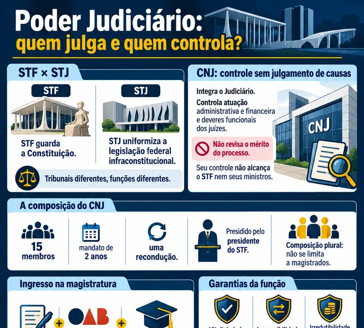 Infográfico sobre órgãos e competências do Poder Judiciário, com STF, STJ, ramos especializados, reserva de plenário e controle administrativo e disciplinar do CNJ.