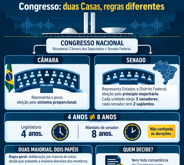 Infográfico sobre Poder Legislativo · Congresso Nacional, Câmara e Senado, com foco em congresso nacional, câmara, senado.