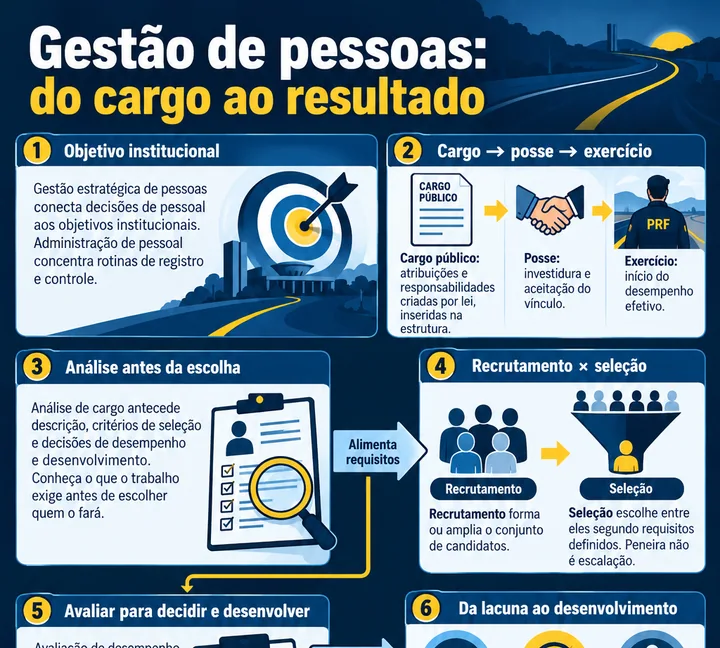 Infográfico sobre gestão de pessoas no setor público, com cargo, posse e exercício, recrutamento e seleção, análise de cargos, avaliação de desempenho e desenvolvimento de competências.