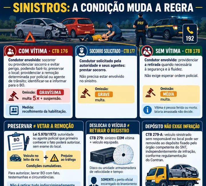 Infográfico de sinistros de trânsito: comparação dos deveres e sanções dos arts. 176 a 178, preservação e remoção, registro de velocidade, depósito, socorro e finalidade dos crimes.