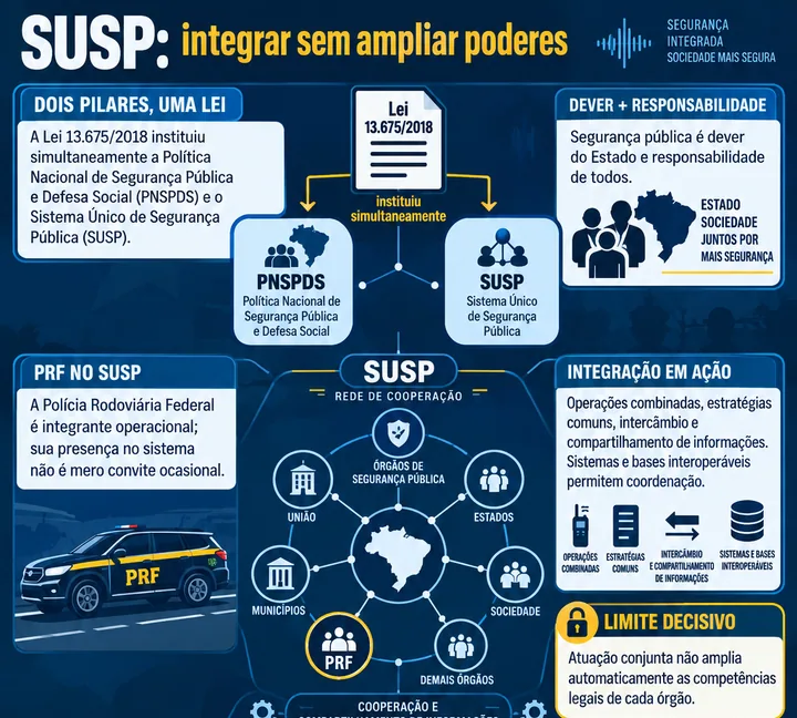 Infográfico sobre Sistema Único de Segurança Pública, com foco em dois pilares, uma lei, dever + responsabilidade, prf no susp.